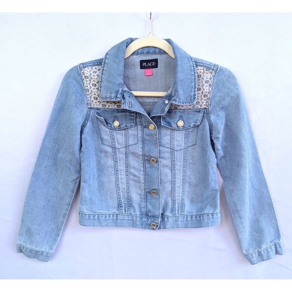 Children's Place Light-Wash Denim Jacket with White Crochet Lace sz L 12/14